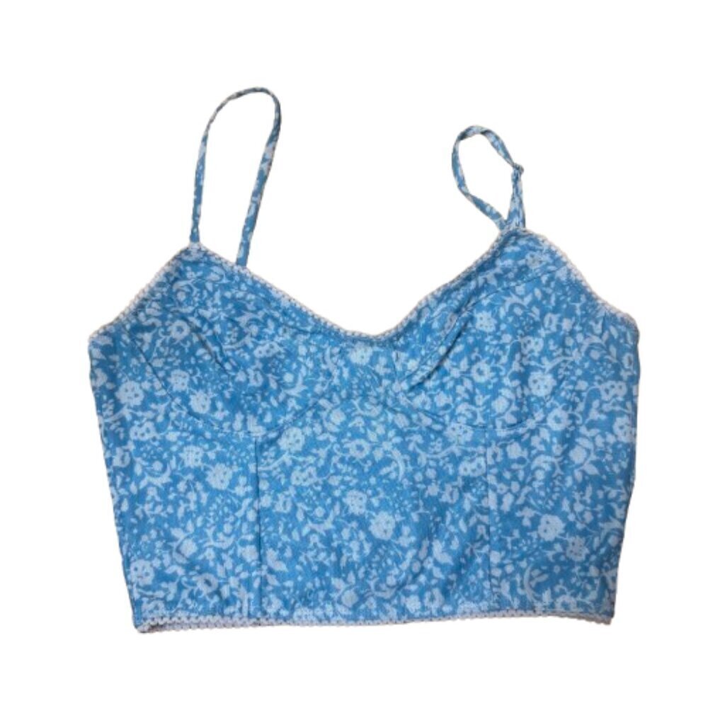 PRINCESS POLLY Blue Floral Lace Trim Corset Cropped Top Size Small / 6